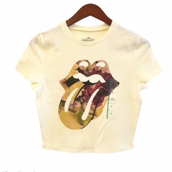 Rolling STONES NWT Cropped Logo Short Sleeve Band Tee Size Medium in Cream - Picture 2 of 12